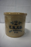 2-GALLON E.S.& B NEW BRIGHTON, PA STENCILED STONEWARE CROCK