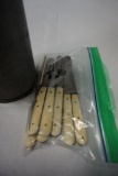 CIVIL WAR-ERA (6) KNIVES & (6) FORKS IN POSSIBLE ORIGINAL TIN, ALSO MINIATU