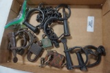 FLAT OF LEG & ARM IRON SHACKLES, LOCKS, U.S. ARMY BRASS WHISTLE WITH CHAIN