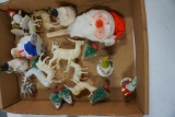 FLAT OF MISC. CHRISTMAS ITEMS, CANDY CONTAINERS, MINIATURE BOTTLE BRUSH TRE