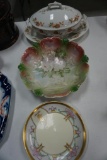 (5) HANDPAINTED PLATES, DECORATED IRONSTONE TUREEN, HANDPAINTED FLORAL SERV