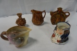 ORIENTAL CARVED VASE, ROYAL BAYREUTH PELICAN PITCHER, SMALL ROCKINGHAM PITC