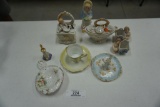 PORCELAIN HP TEA STRAINER, LIMOGES MAN'S LAPEL PIN HOLDER, BISQUE FIGURE, P