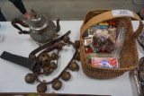 EARLY BASKET WITH OLD MATCHBOOKS AND BOXES, SLEIGH BELLS, WILLIAMSBURG PEWT
