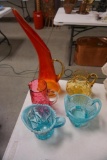 (5) PCS GLASSWARE INCLUDING THUMBPRINT AMBER & CRANBERRY PITCHERS, NORTHWOO