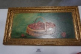 FINE OIL ON BOARD STILL LIFE OF BASKET WITH CHERRIES FRAMED, 18