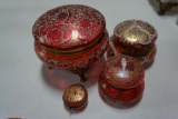 (4) CRANBERRY ENAMEL DECORATED DRESSER BOXES, SMALL, MEDIUM, & LARGE SIZE (