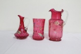 (3) PCS ENAMEL DECORATED CRANBERRY INCLUDING PITCHER, CRUET, CUP