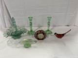 (5) PCS. FENTON INCLUDING CLOCK, SIGN, BIRD, BASKET, AND HAND-PAINTED AND A