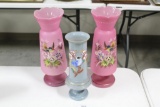 (3) ITEMS INCLUDING PAIR OF HAND BLOWN DECORATED VASES WITH BIRDS, 13