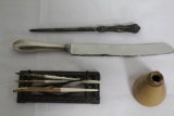 STERLING HANDLE BREAD KNIFE, STERLING HANDLE KNIFE STEEL, STONEWARE BOTTLE