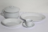 IRONSTONE CHAMBER POT, PLATTER, SERVING BOWL, CUP & SAUCER