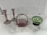 (3) PCS. FENTON INCLUDING HAND-PAINTED & ARTIST SIGNED BOWL ON WOOD BASE, P