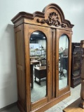 FINE WALNUT INKED ROSEWOOD, MIRROR DOORED WARDROBE, LARGE CARVED CREST, MAD
