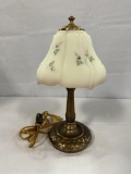 FENTON LAMP WITH HP & ARTIST SIGNED SHADE, 14