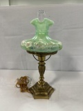 FENTON LAMP WITH HAND-PAINTED & ARTIST SIGNED SHADE, 17.5