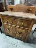 WALNUT VICTORIAN 3-DRW WASHSTAND W/BACKSPLASH, TEAR DROP PULLS, TOWEL HOLDE