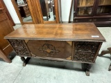 MAHOGANY HEAVILY CARVED CEDAR CHEST, SMALL PIECE OF TRIM MISSING ON CENTER,