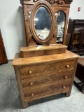WALNUT VICTORIAN 3-DRW DRESSER, LIFTTOP, MIRROR, BURLED FRONT, 41