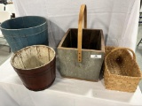 BASKET, WOOD CARRY BOX, BLUE PAINTED WOOD BUCKET 14.5