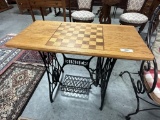 SINGER CAST IRON SEWING MACHINE BASE WITH NEW OAK CHECKERBOARD TOP, 34