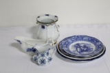 (7) PCS FLOW BLUE INCLUDING (4) PLATES, CREAMER, GRAVY BOAT, SUGAR BOWL