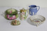 (5) PCS CHINA INCLUDING BAVARIAN HANDPAINTED CRACKER JAR, PAINTED BOWL, WED