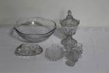 (10) PCS CLEAR GLASS INCLUDING SALTS, TOOTHPICK, COVERED CANDY, SERVING BOW