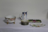(12) PCS HANDPAINTED CHINA INCLUDING (2) DRESSER TRAYS, (8) PLATES, COFFEE