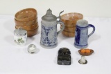 (15) ITEMS INCLUDING BEER STEINS, SULFIDE LAMB MARBLE, MARBLE TAHIKI, WOODE
