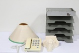 BOX OF MISC ITEMS, FILE HOLDER, LAMP SHADE, PHONE