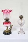 FINE CRANBERRY BRASS BASED ELECTRIFIED LAMP WITH CRANBERRY TO CLEAR FONT AN