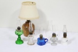(5) MINIATURE KEROSENE LAMPS, CHIMNEY, WOOD BASE ELECTRIFIED LAMP
