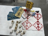 LICENSE PLATES, BIRD HOUSE, SPICE CONTAINERS, QUILT PIECE