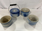 (4) BLUE DECORATED BUTTER CROCKS, ONE WITH LID AND HANDLE