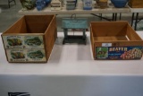 (2) ADVERTISING WOOD FRUIT/VEGETABLE BOXES, BIRD FEEDER
