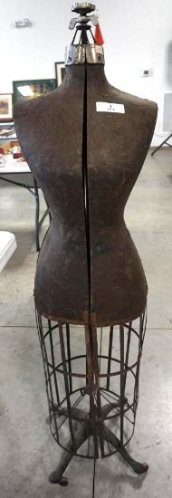 1908 VINTAGE DRESS FORM WITH DECORATIVE CAST IRON BASE, 59" TALL