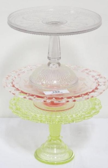(3) CAKE STANDS INCLUDING VASELINE, PINK AND PATTERN GLASS