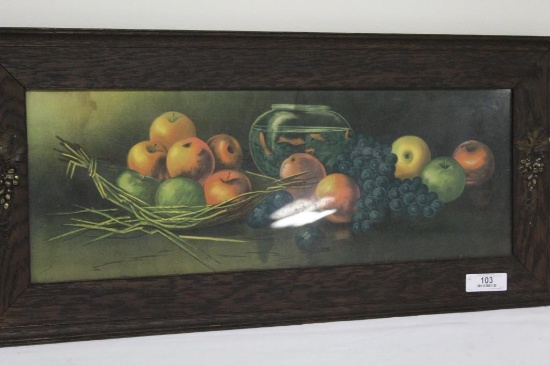 FRAMED PRINT OF FRUIT, FISH BOWL IN OAK FRAME, 33.5" X 15.5"