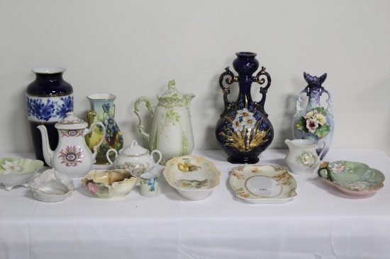 (15) PIECES HAND-PAINTED CHINA INCLUDING TEAPOTS, VASES, CREAM & SUGAR, SER