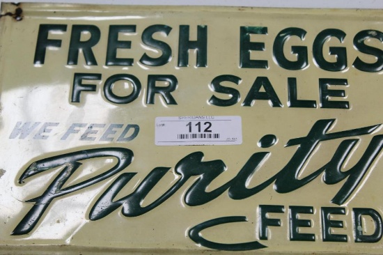 PURITY FEED METAL EMBOSSED SIGN, 9" X 14", MADE BY SCIOTO SIGN CO. , SMALL