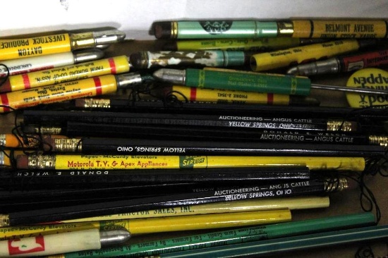 FLAT OF ADVERTISING PENCILS, ADVERTISING RAIN GAUGE