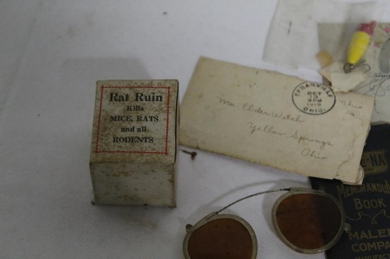 FLAT OF MISC. FISHING ITEMS, DOG PIN CUSHION, RAT RUIN ADVERTISER