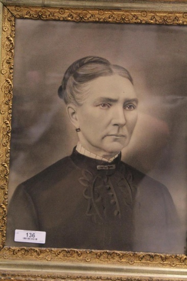 LARGE CHARCOAL PORTRAIT IN HIGHLY DECORATIVE FRAME, VERY SMALL LOSS OF PLAS