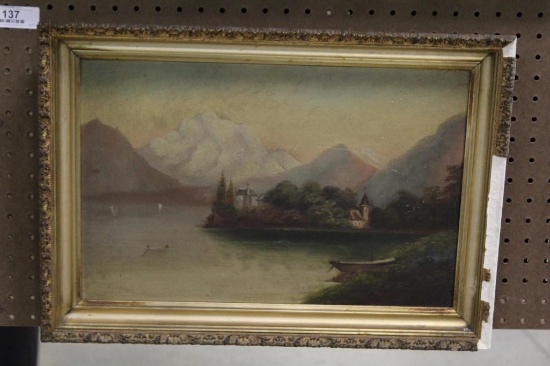 PRIMITIVE OIL ON BOARD OF LAKE SCENE, 22" X 16", DAMAGE TO FRAME