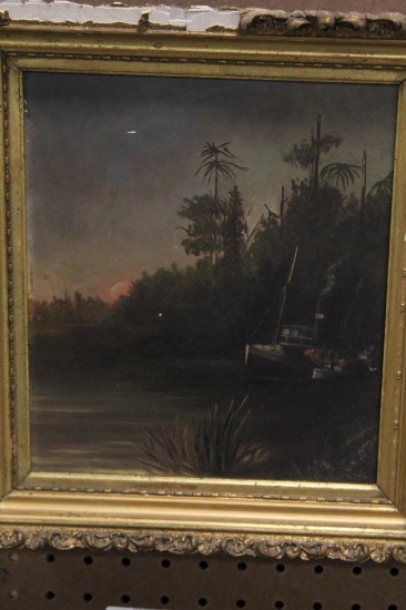 PRIMITIVE OIL ON BOARD OF LAKE SCENE, 12.5" X 14", DAMAGE TO FRAME
