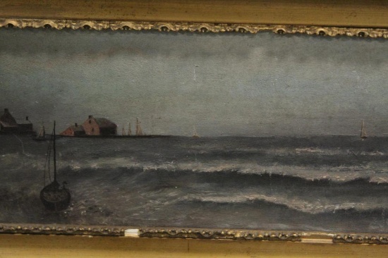 SMALL PRIMITIVE SAILING PAINTING, 15.5" X 7.5", DAMAGE TO FREAME