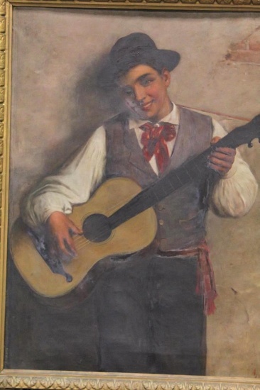 LARGE OIL ON CANVAS OF A SPANISH GUITAR PLAYER, SLIGHT TEAR TO CANVAS, HIGH
