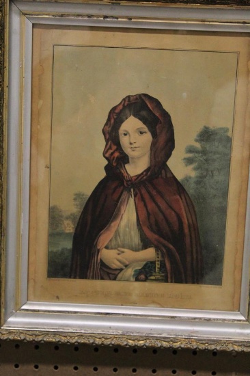 CURRIER & IVES FRAMED "LITTLE RED RIDING HOOD", 14" X 17"