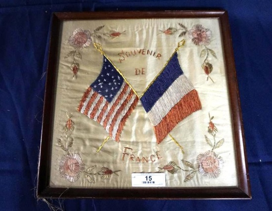 FRAMED SILK AND HAND STITCHED SOUVENIR OF FRANCE, 17" x 16.5"